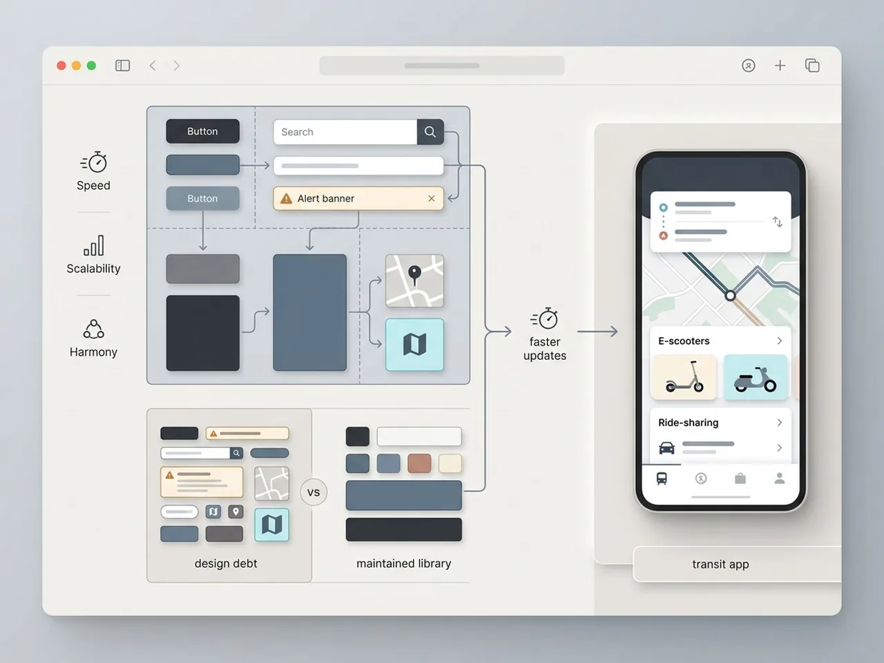 A modular UI component library diagram demonstrating the operational efficiency of a transit design system.