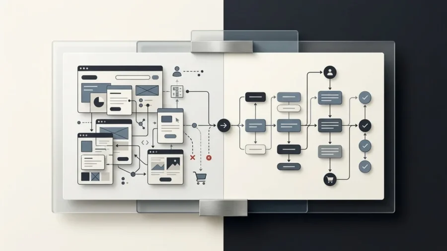 A premium editorial comparison board showing a streamlined user journey for a small business in need of ux research.