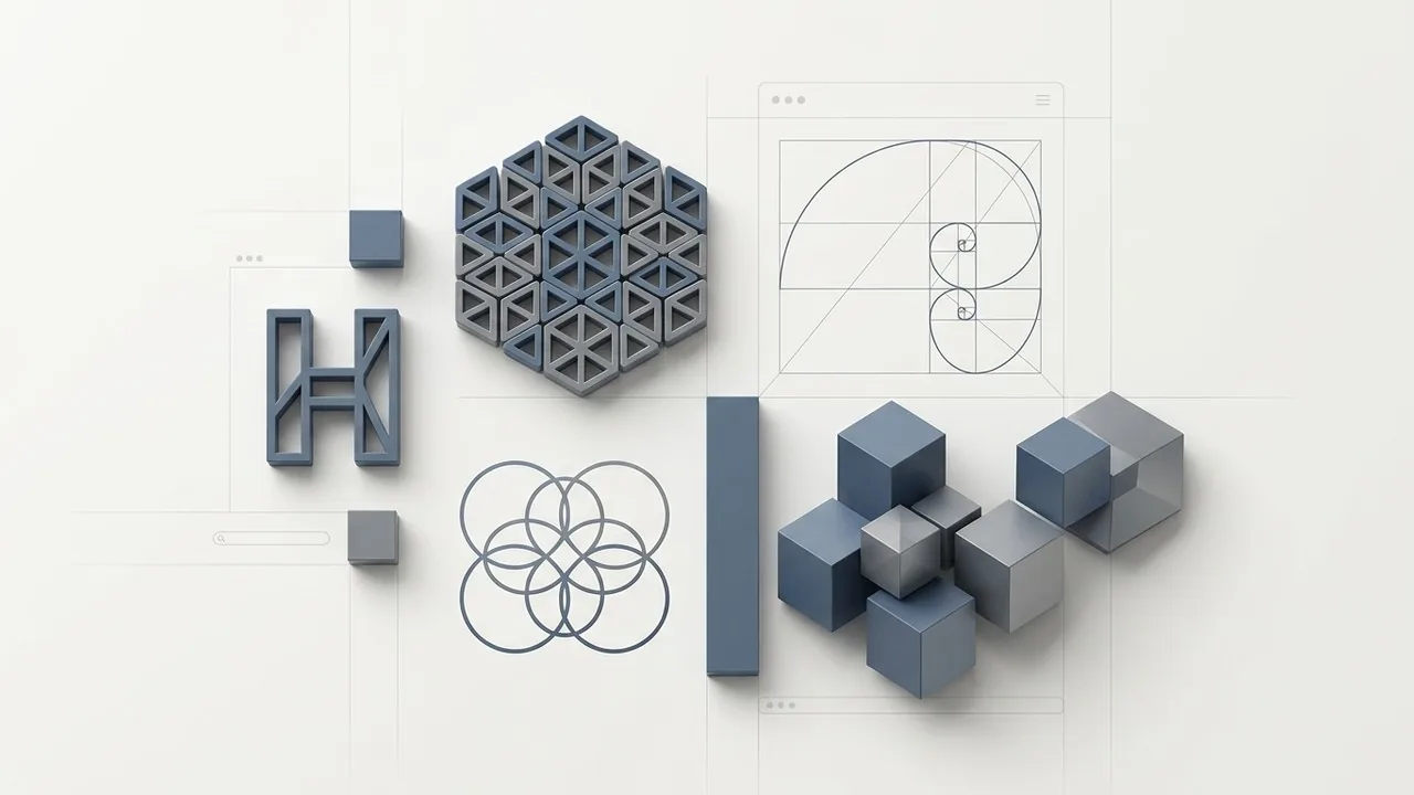 An editorial specimen sheet illustrating different styles and grid structures of Geometric Logo Design.