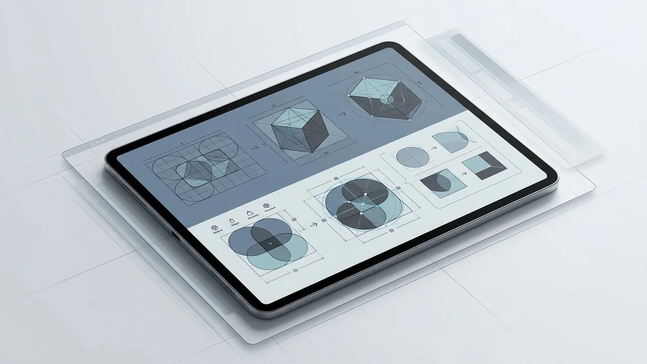 A premium digital device showing a professional Geometric Logo Design framework and grid system.
