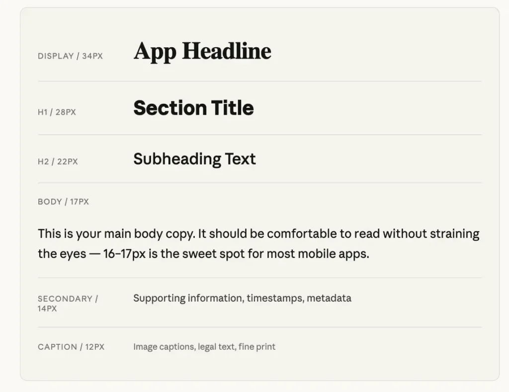 font size for mobile app design scales