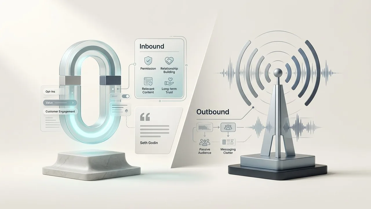 A minimalist design comparison of the core philosophies behind inbound vs outbound marketing.