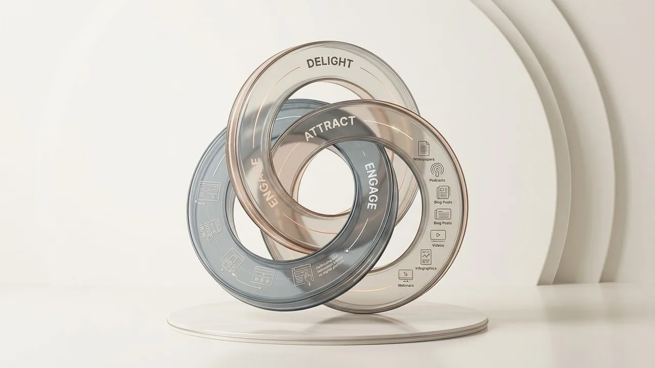 A 3D flywheel model illustrating the sustainable growth of an inbound vs outbound marketing approach.
