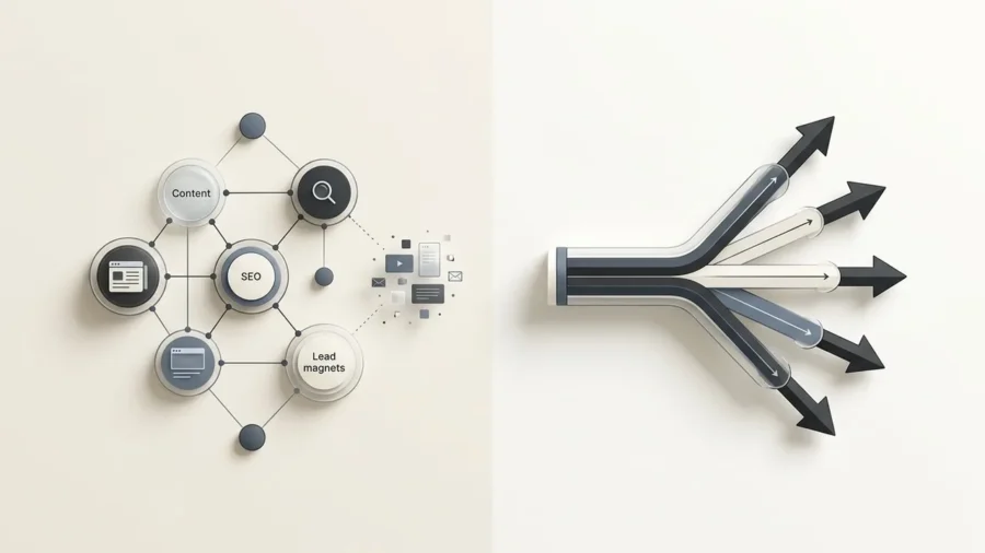 A premium editorial visualization of inbound vs outbound marketing strategies showing the balance of pull and push forces.