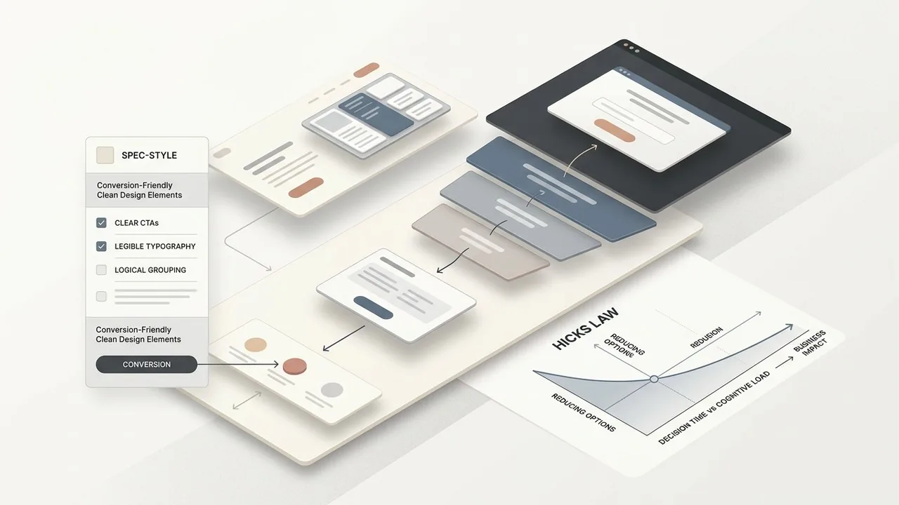 A strategic UI flow showing how clean web page design reduces cognitive load for better conversions.