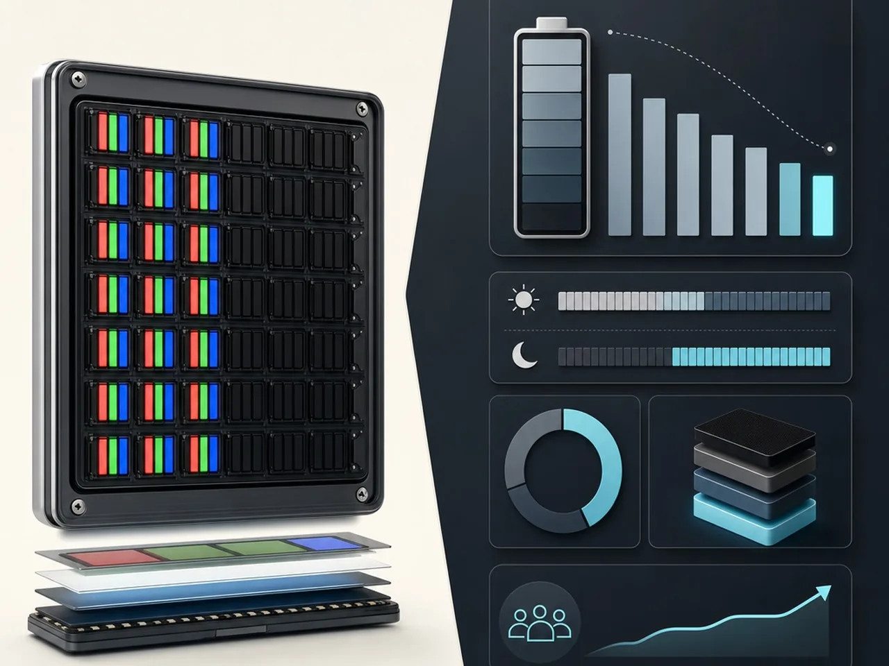 Dark Theme Website Design Guide: Best Practices & Tips 1 A technical comparison diagram showing OLED power efficiency for a dark theme website.