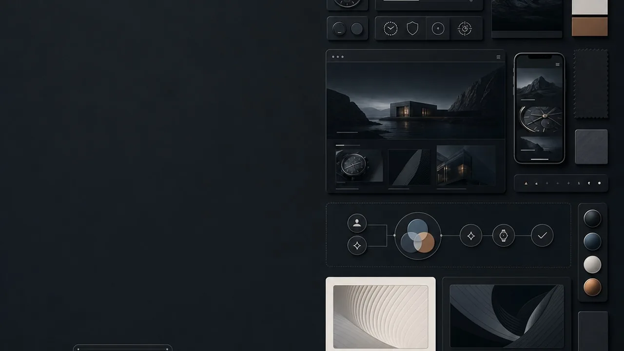 Dark Theme Website Design Guide: Best Practices & Tips 2 A design specimen board showcasing high-end branding elements for a dark theme website.