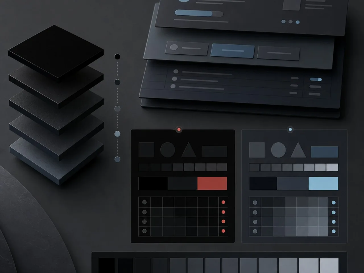 Dark Theme Website Design Guide: Best Practices & Tips 3 A visual hierarchy diagram showing color elevation and contrast levels for a dark theme website.