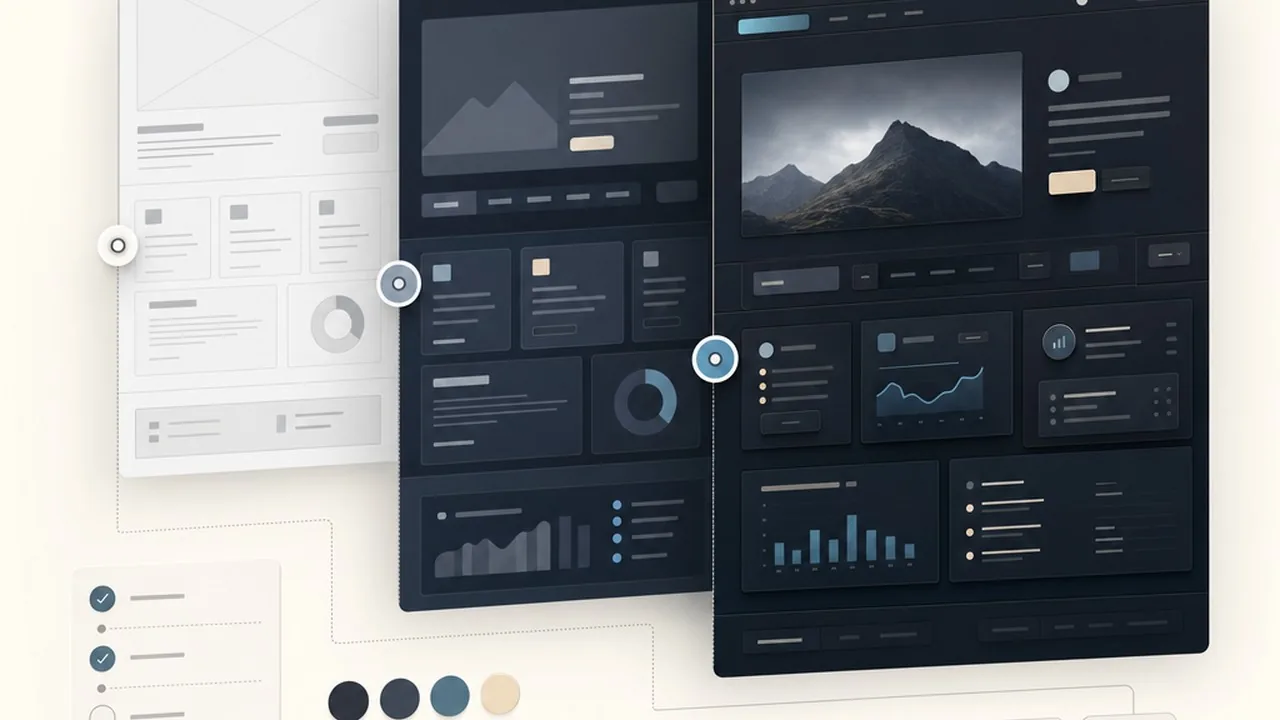 Dark Theme Website Design Guide: Best Practices & Tips 4 An editorial process diagram showing the step-by-step implementation of a dark theme website.