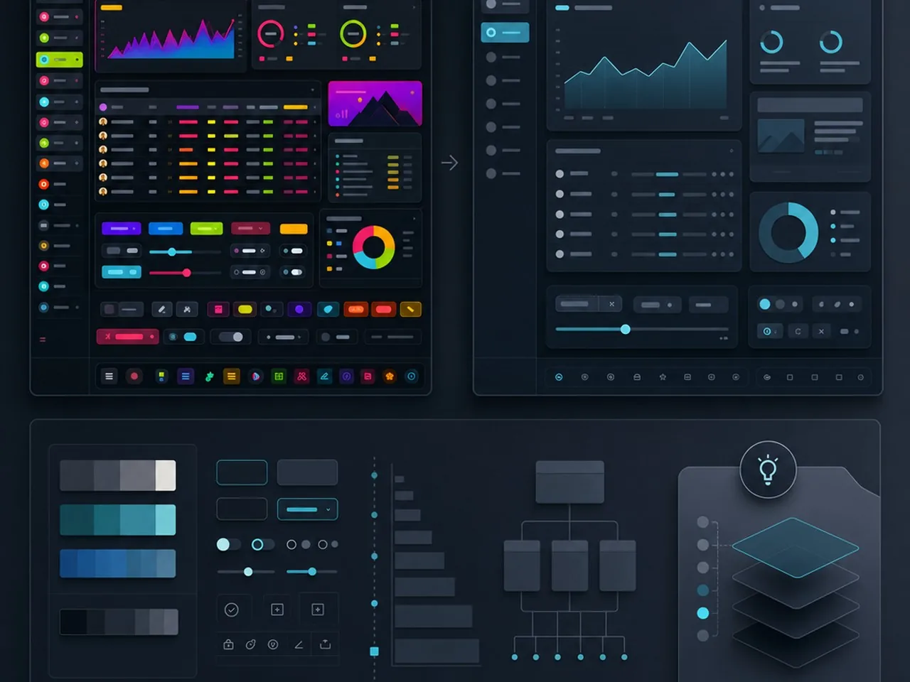 Dark Theme Website Design Guide: Best Practices & Tips 5 A side-by-side visual comparison of common design mistakes and solutions for a dark theme website.