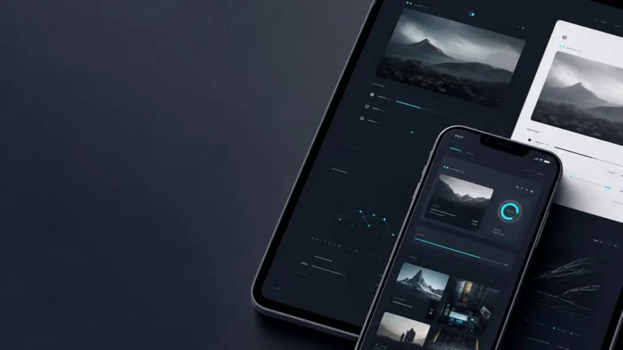 A premium dark theme website interface displayed on modern mobile devices with a sophisticated charcoal and slate color palette.