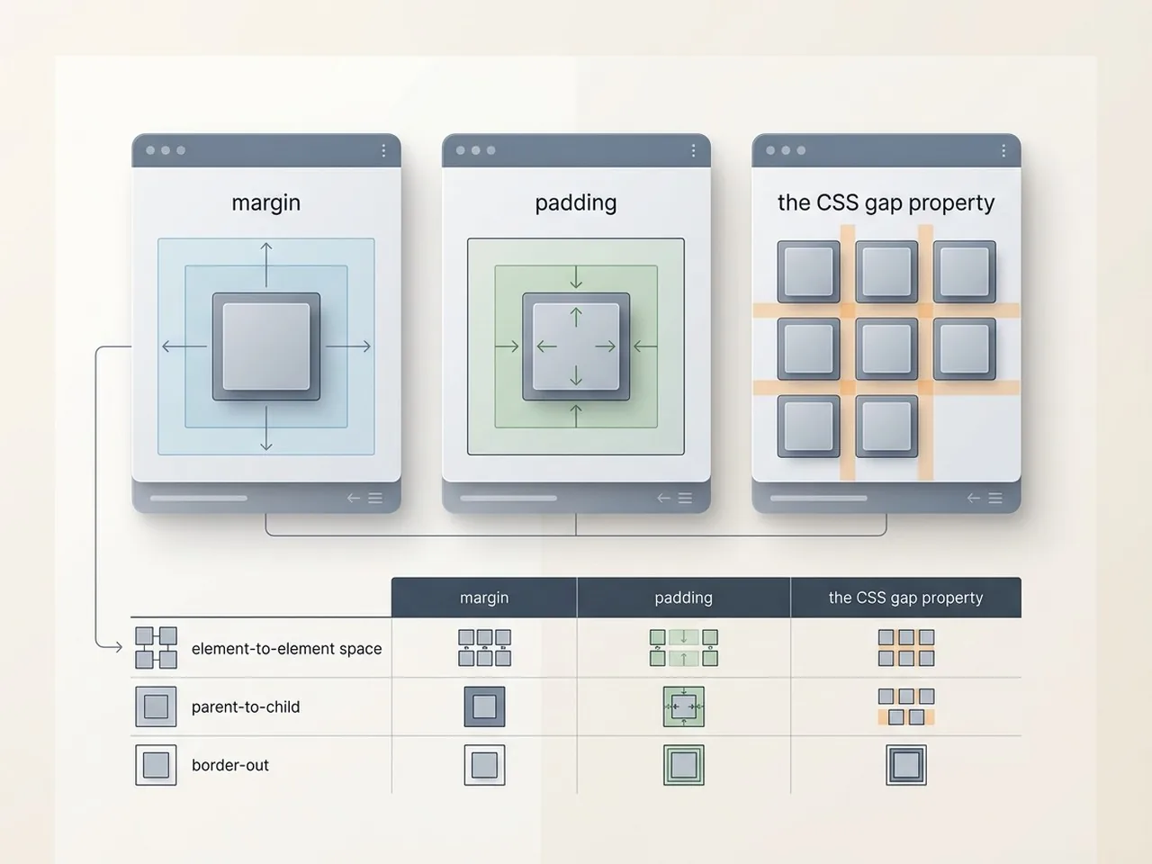 A technical comparison diagram showing how margin, padding, and gap properties define css white space in modern web development.