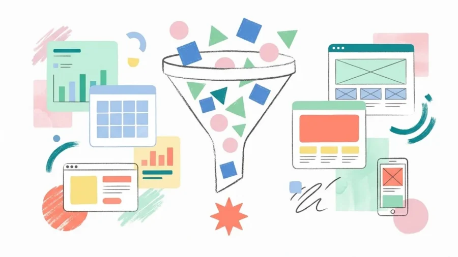 An editorial illustration showing a focused landing page hierarchy that guides visitors toward a single conversion point.